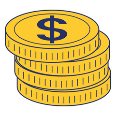 Stack of golden dollar coins in a flat design illustration, representing finance, savings, investment, and economic concepts.
