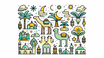 Fototapeta premium Colorful Ramadan Illustration Set – Camels, Mosques, Palm Trees, Lanterns, and Crescent Moon Elements