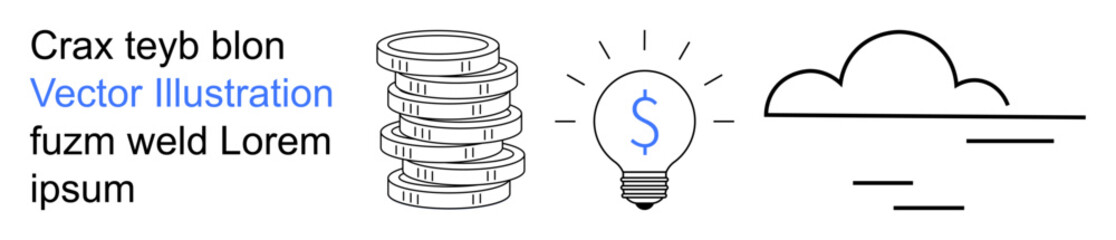 Business growth, innovation, financial technology, startup ideas, digital transformation, creativity. Stack of coins, lightbulb with dollar sign and cloud illustration. Financial growth