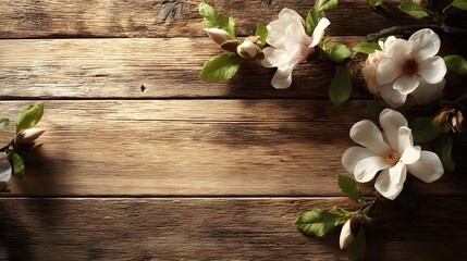 Fototapeta premium Delicate white blossoms adorn a rustic wooden surface with ample copy space