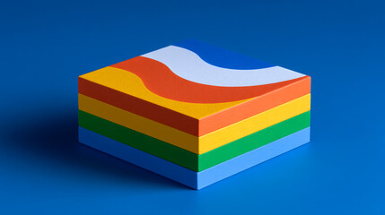 A colorful stack of textured layers, featuring wavy patterns, rests on a blue background, creating a modern, artistic look.