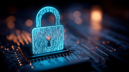 A digital security lock symbolizing data protection and technological defense within a connected system.
