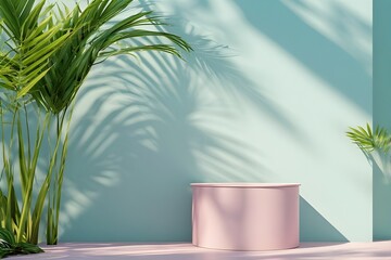 Obraz premium Minimalist 3D product display podium with tropical leaf shadows. Colorful pastel background for cosmetic mockup and advertising concept.