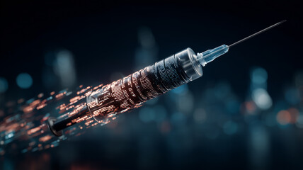 A conceptual syringe visualization expressing medical innovation, biotechnology advancement and the transformative power of research focused on treatments and prevention.