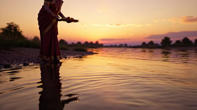 Silhouette woman performing golden hour river ritual during makar sankranti pongal festival