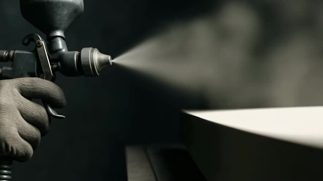 A gloved hand operating a professional paint spray gun with an overhead cup, spraying a fine stream of material onto a dark surface, symbolizing industrial finishing, painting, production, and manufac