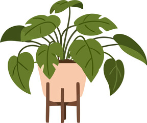 Stylish Indoor Houseplant in Terracotta Pot on Wooden Stand, Flat Illustration