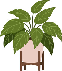 Green Houseplant in Pink Pot on Wooden Stand Vector Illustration