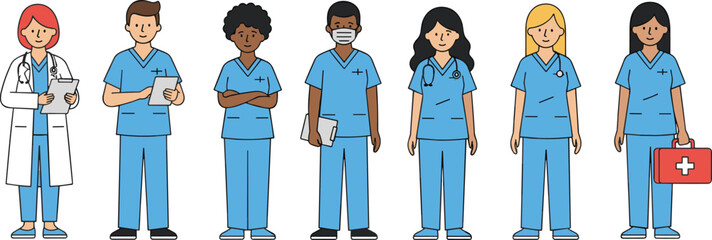 Diverse group illustration of medical professionals, including doctors and nurses in uniforms and lab coats, symbolizing hospital staff, healthcare team, and patient care specialists.