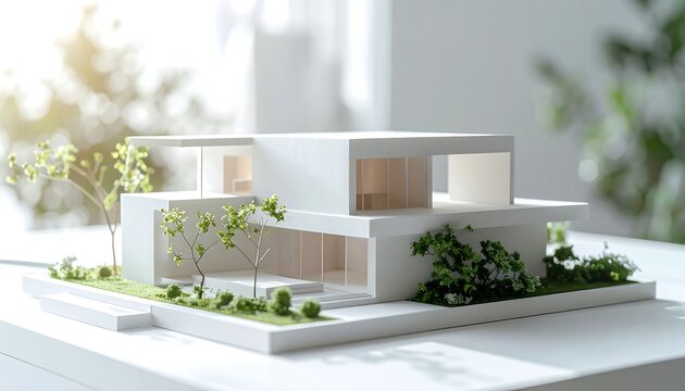 白い台上に配置された住宅模型が建築工作として整然と並ぶ様子