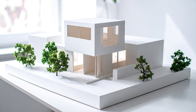 明るい背景に住宅模型が並ぶ建築工作の制作シーン