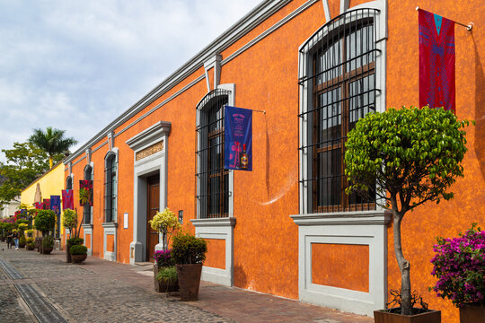 Tequila, Mexico &ndash; January 13, 2025: People walk in background along Jose Cuervo street in historic center