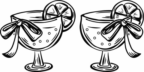 Two elegant cocktail glasses garnished with orange slices and ribbons