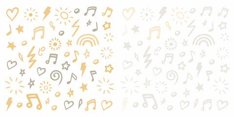 Whimsical pattern of musical notes stars hearts rainbows and lightning bolts