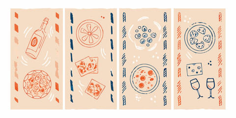 Stylized illustrations of wine pizza and food items on a beige background