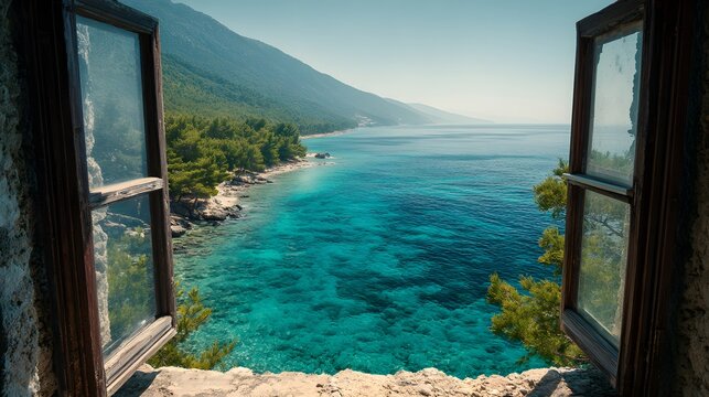 Open wooden window reveals stunning view of turquoise sea meeting rugged coastline