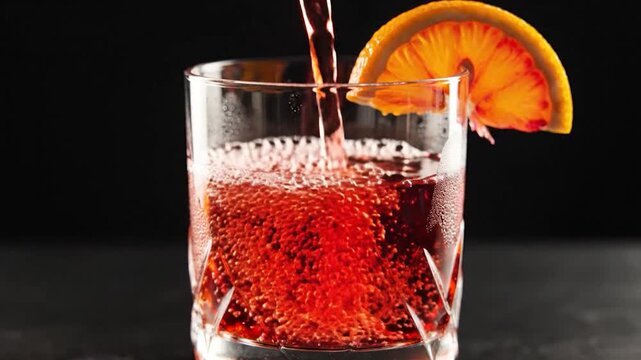Crimson liquid pours into a cut glass, garnished with a vibrant orange slice, against dark