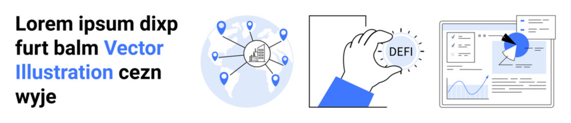 Blockchain, decentralized finance, data analysis, fintech, cryptocurrency, networking. Network nodes connected globally, a hand holding a DeFi coin and data charts. Blockchain and decentralized