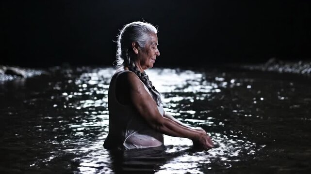 Elderly Woman Performing Ritual Water Offering in River at Night