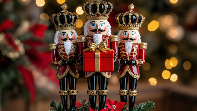 Trio of Majestic Nutcracker Soldiers Holding a Red Gift Box with Christmas Bokeh Background