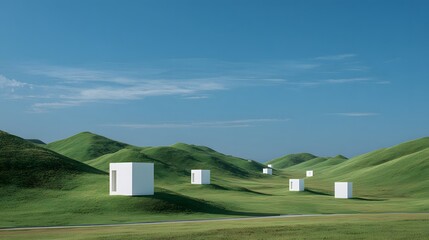 Minimalist white cubic structures dot vibrant green rolling hills beneath a vast blue sky