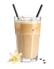 Classic iced vanilla latte in a tall glass with ice cubes and a creamy layer, a refreshing coffee, isolated on a white background