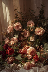 繊細なバラと葉の構成が印象的なフェミニンブランド向けロマンチックフローラル背景. 生成AI