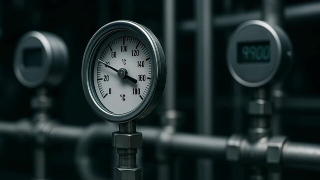A close-up of a hand adjusting a clean, industrial temperature gauge (thermometer) dial marked in degrees Celsius, with digital displays visible in the blurred background, symbolizing process control,