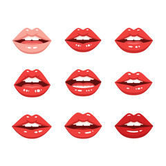 Red Lip Expressions Icon Collection with Glossy Mouth Poses