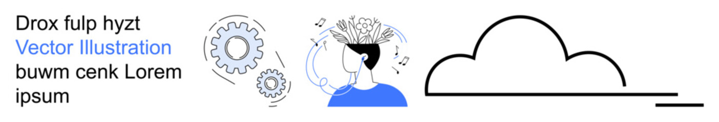 Innovation, cloud computing, brainstorming, artificial intelligence, data processing, technical thinking. Human silhouette with gear graphics and cloud. Innovation and brainstorming