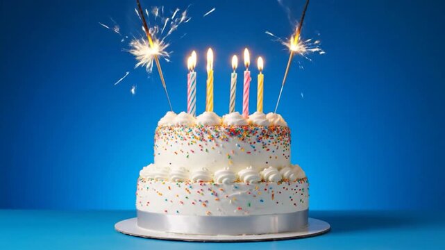 Two-tier white cake with sprinkles, lit candles, and sparklers on blue background