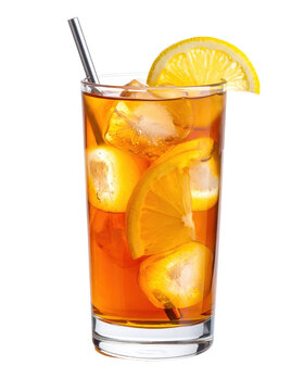 A potent long island iced tea cocktail in a tall glass, featuring its characteristic amber color and lemon wedge, isolated on white background