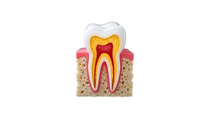 Anatomical dental illustration showing tooth extraction, roots, gum tissue, and surrounding structures for dentistry teaching and medical visualization.