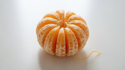A perfectly peeled tangerine, segmented and ready to eat, presented on a clean white background with a single strand of zest.