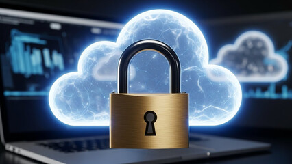 Cloud Security and Data Protection with Padlock on Laptop Screen.