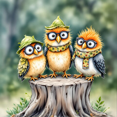 Fototapeta premium Three adorable and whimsical cartoon birds are charmingly depicted, each sporting a unique pair of round glasses and a distinctive green leaf hat. 
