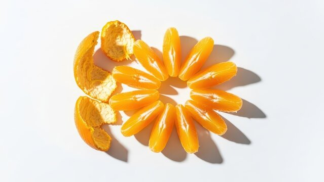 Peeled mandarin orange segments arranged in a circular pattern with orange peel on a white background.