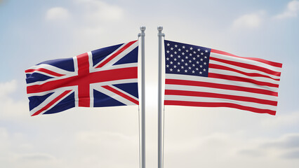 The flags of the United Kingdom and the United States of America waving side-by-side against a cloudy sky, symbolizing international relations.