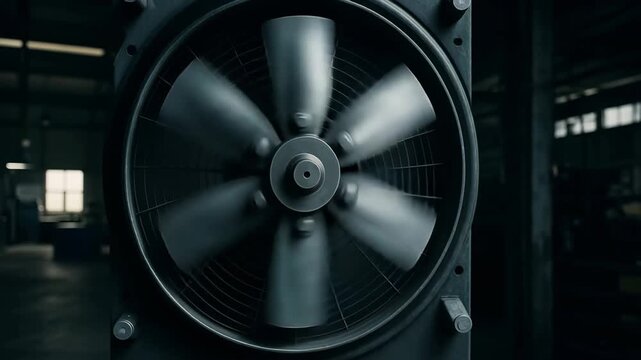 A close-up, motion-blurred shot of a large, dark, metallic industrial ventilation fan or cooler rotating quickly within a factory or workshop setting, symbolizing air movement, cooling, heavy machiner