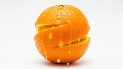 A fresh, ripe orange partially peeled with juice dripping down its vibrant skin on a white background.