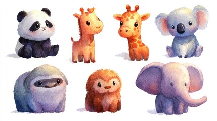 Naklejka premium Watercolor illustration of seven cute baby animals arranged on a white background