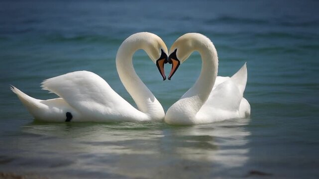 White swans greeting each other, forming a heart, mp4 video. AI