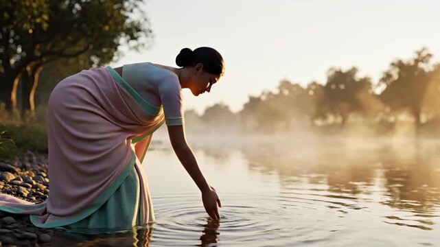Indian woman in saree performing ritual touching river water during warm golden hour makar sankranti pongal