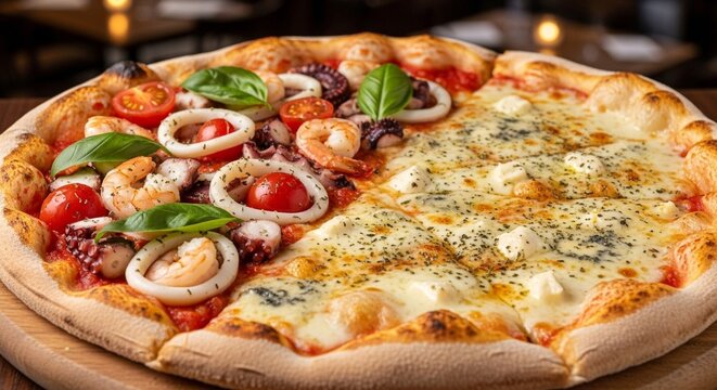 シーフードとクアトロフォルマッジ：2つの味が楽しめるハーフ&ハーフピザ