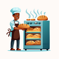 Smiling Male Baker Holds Freshly Baked Loaf Next to Hot Oven Full of Bread, Illustrating a Bakery Scene