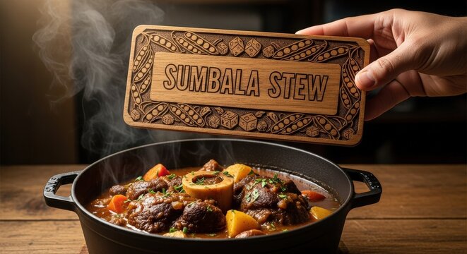 Bold Sumbala Stew with Beef Shank &ndash; Hand-Carved Iroko Wood 'SUMBALA STEW' Plaque, Locust Bean Pod & Beef Cube Motifs