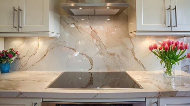 Modern kitchen countertop and backsplash with flowers.