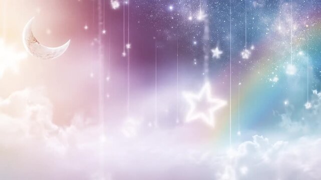 Dreamy pastel landscape with crescent moon, rainbow, stars, and fluffy white clouds