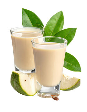 Smooth south african amarula cream liqueur in a glass, a sweet and caramel-flavored spirit from the marula fruit, isolated on a bright white background