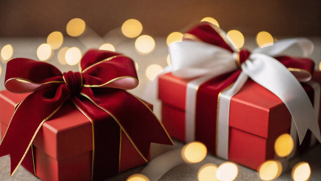 christmas gift box with red ribbon - Powered by Adobe